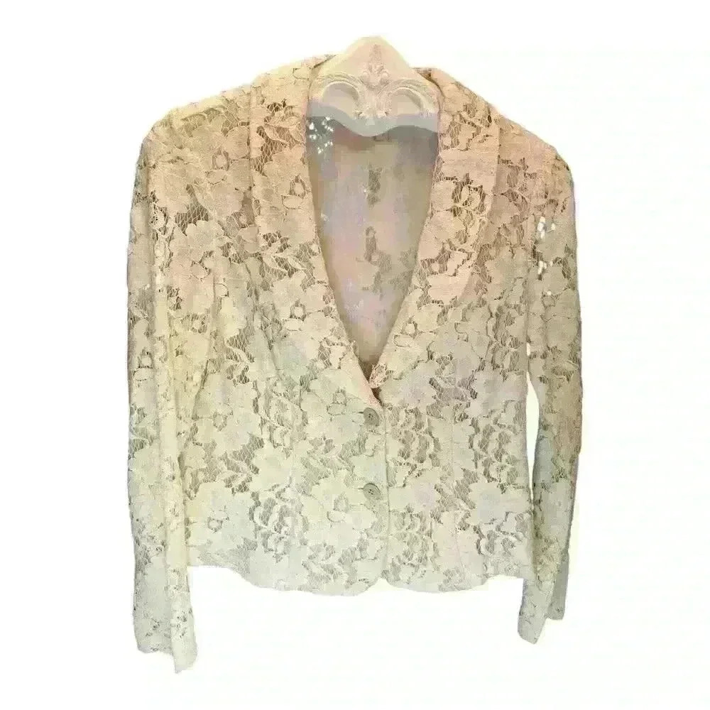 CAbi Women's Ivory Lace Blazer Jacket Floral Button Front Long Sleeve
